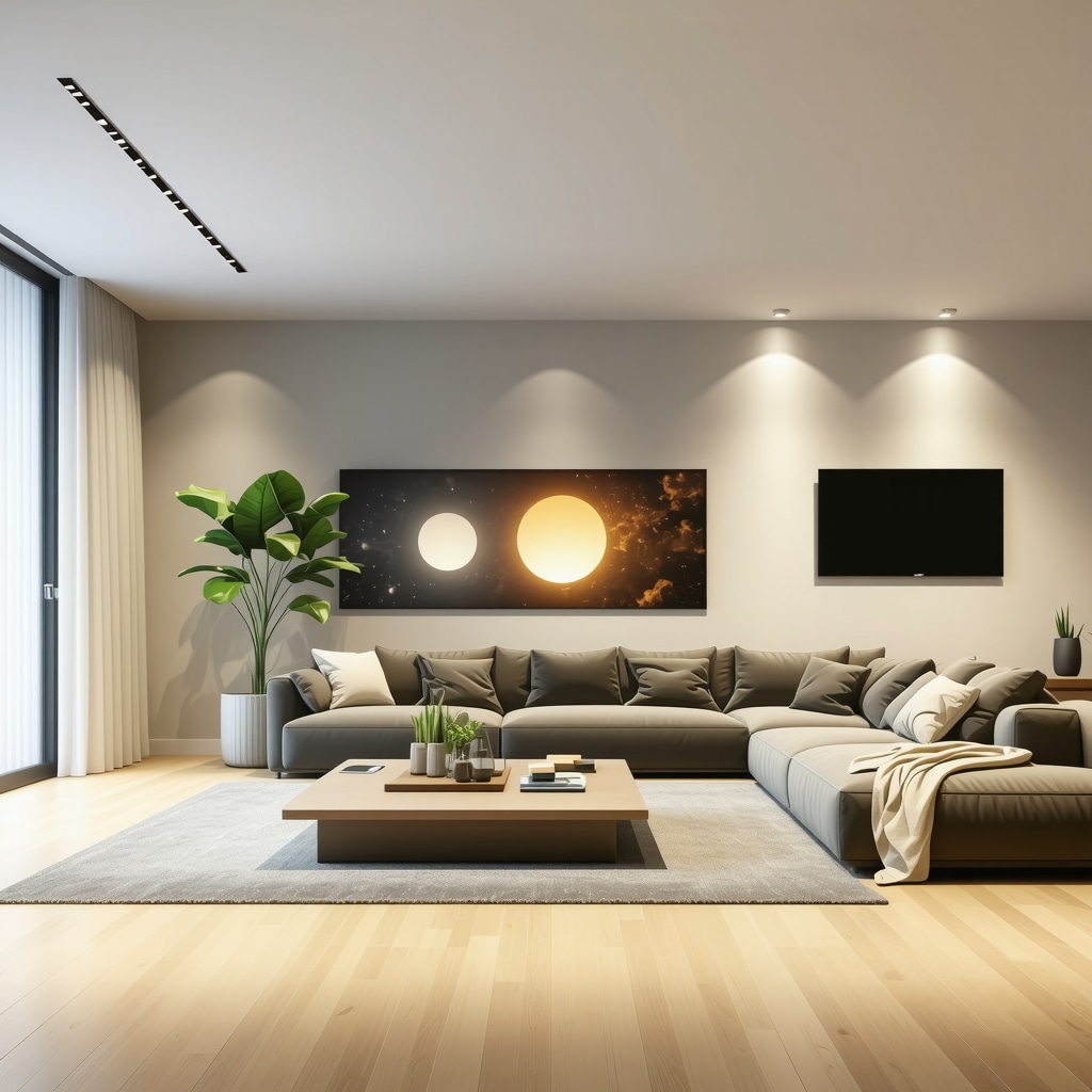 Smart LED lighting system demonstrating different color temperatures and brightness levels in a living room