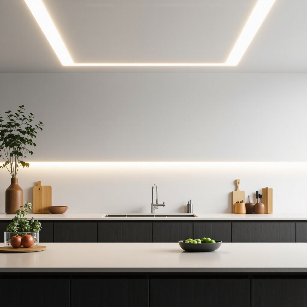 Modern kitchen illuminated by tunable white LED lights and smart sensor technology