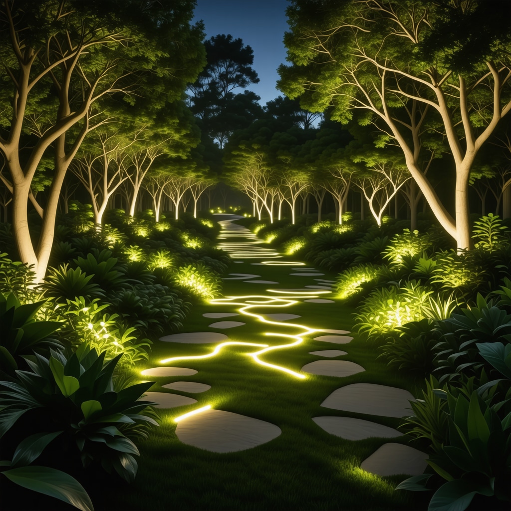 Futuristic garden showing advanced layered LED lighting using micro-prism reflectors and smart sensors integrated into natural landscaping at night
