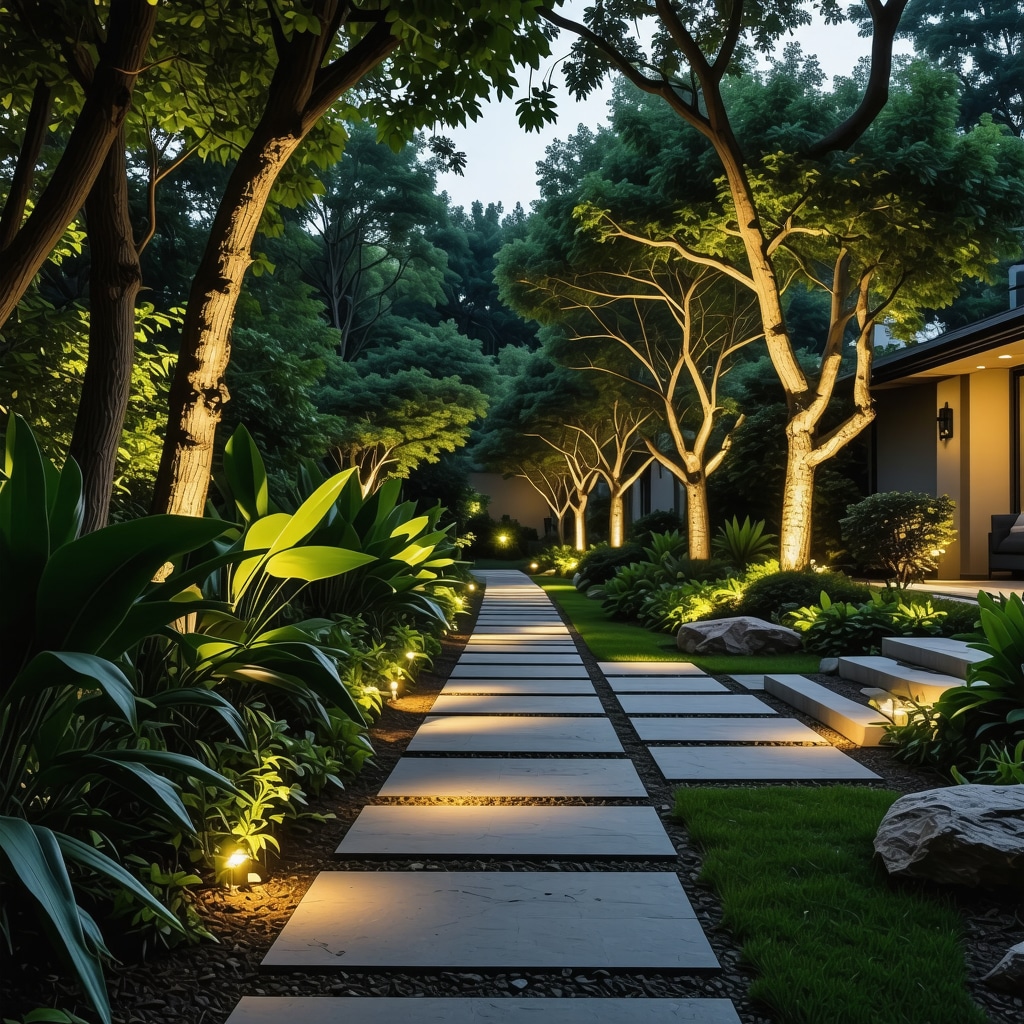 Outdoor garden illuminated by layered LED lights with motion sensors and solar panels at dusk