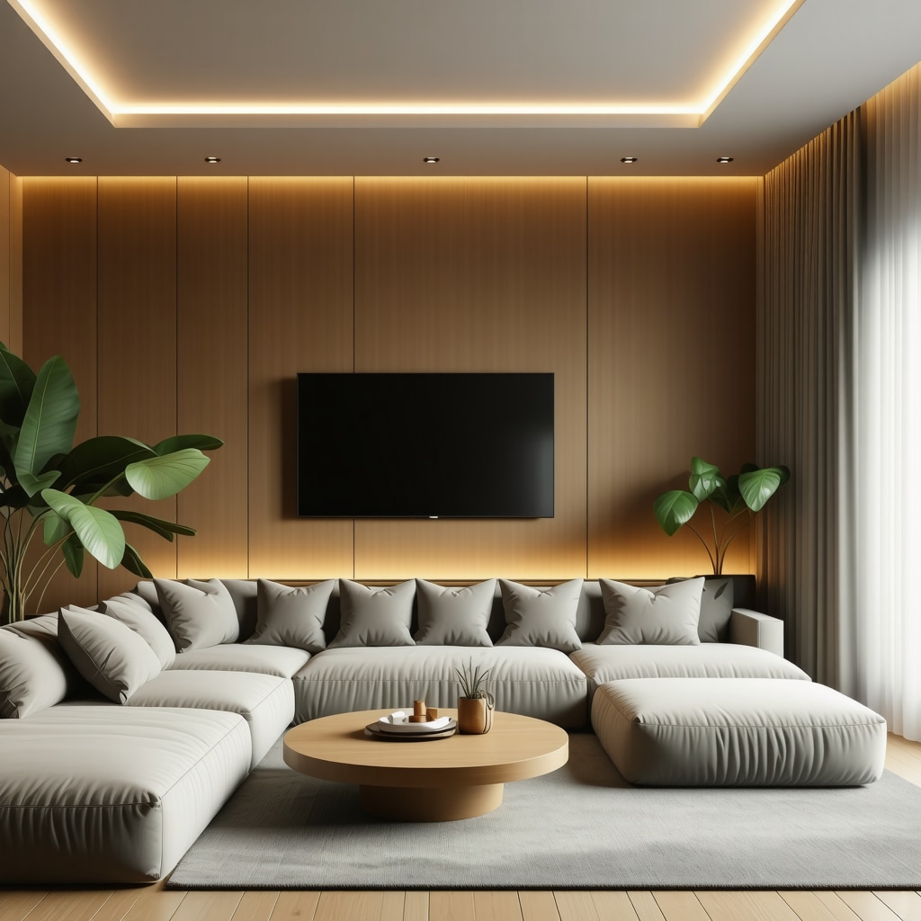 Modern living room illuminated with dynamic tunable white LED lighting showing warm to cool tones for optimized sleep and mental health