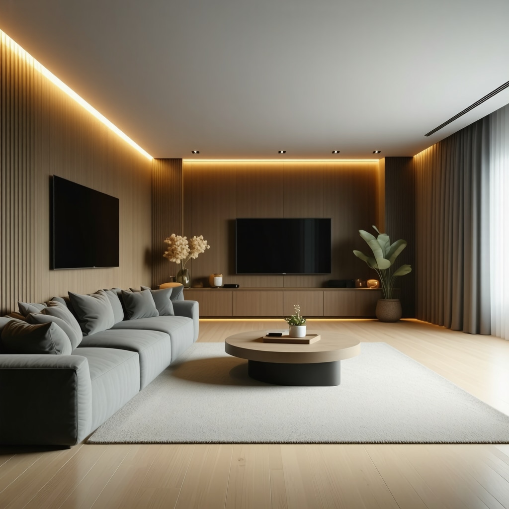 Modern living room illuminated with layered and smart LED lighting showing warm and cool tones