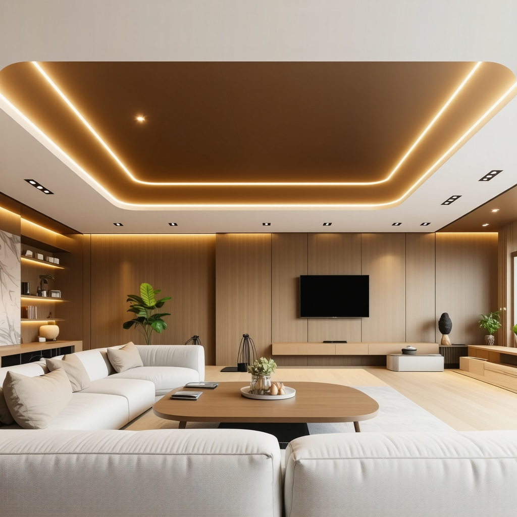 Living room featuring advanced LED lighting with dynamic color tuning and modular panels