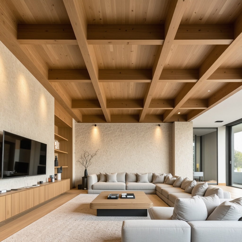Ceiling with recessed lighting illuminating wooden beams and textured walls in a modern living room