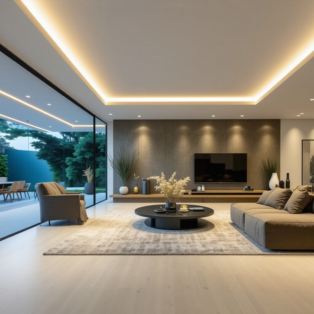Living room illuminated by various recessed lights with warm and cool tones