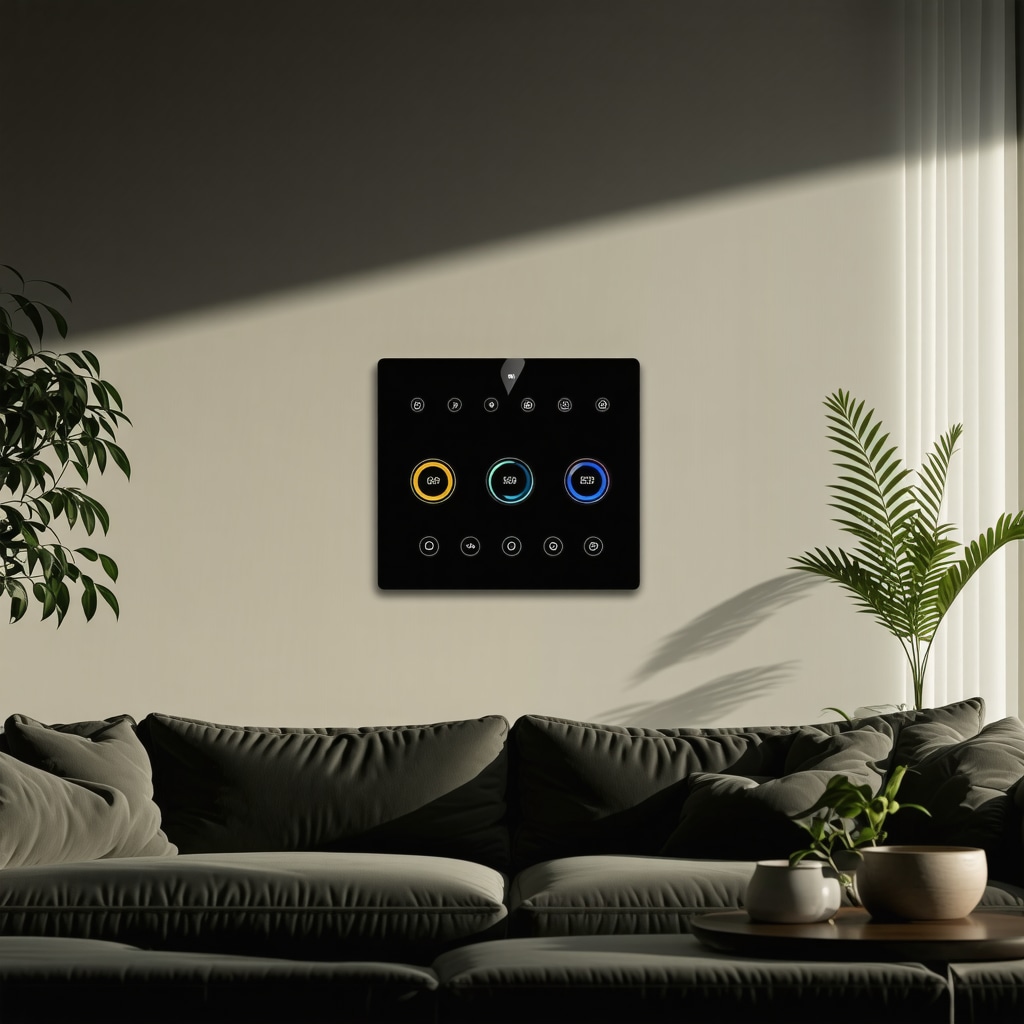 Smart lighting control panel showing dimmer and color temperature adjustment in a modern living room