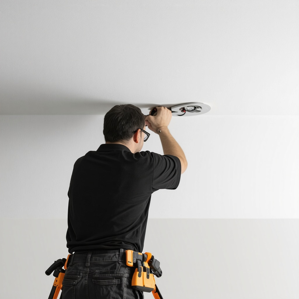 Electrician installing recessed lights in a modern living room ceiling with tools and wiring