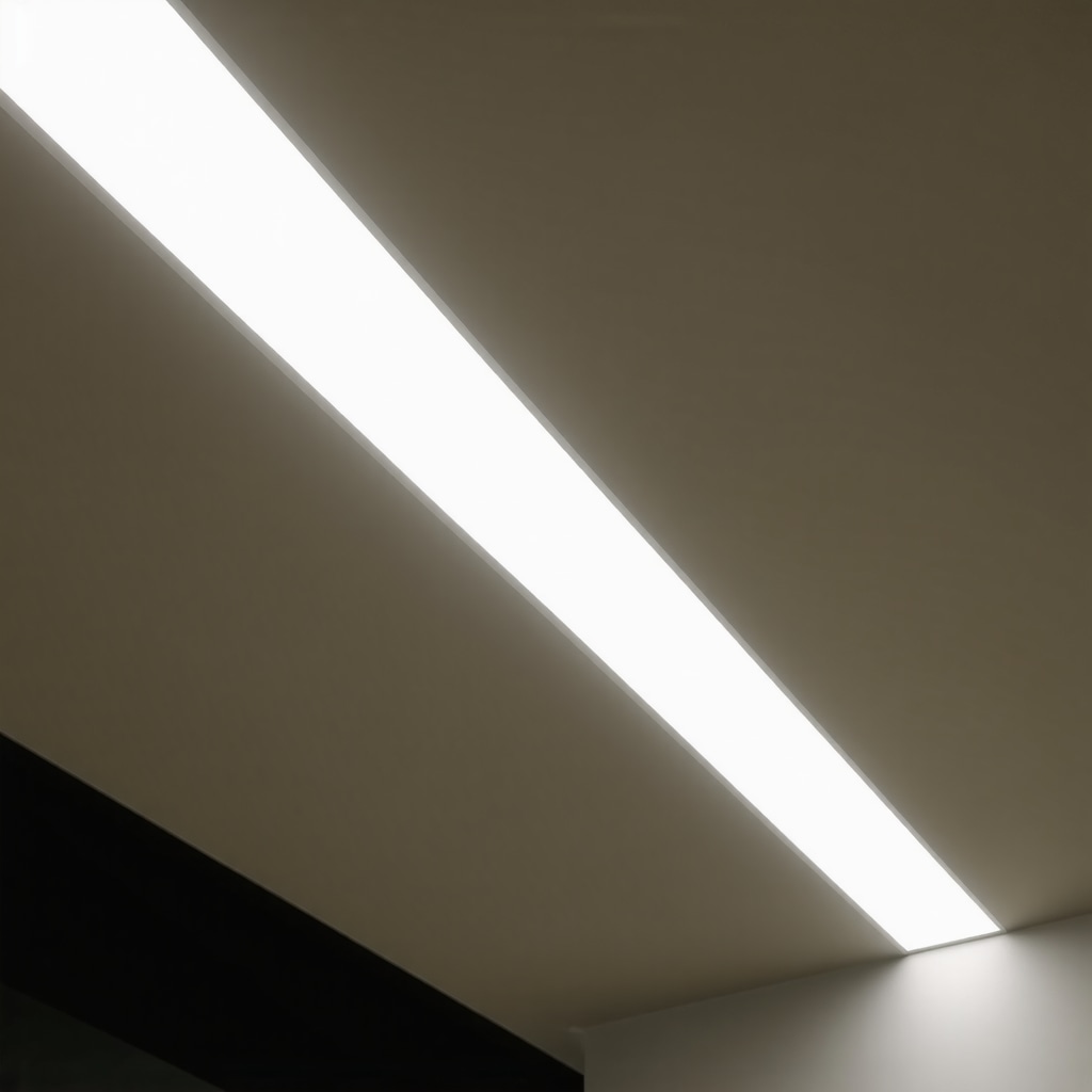 Close-up of LED strip installed in aluminum diffuser profile with even light distribution