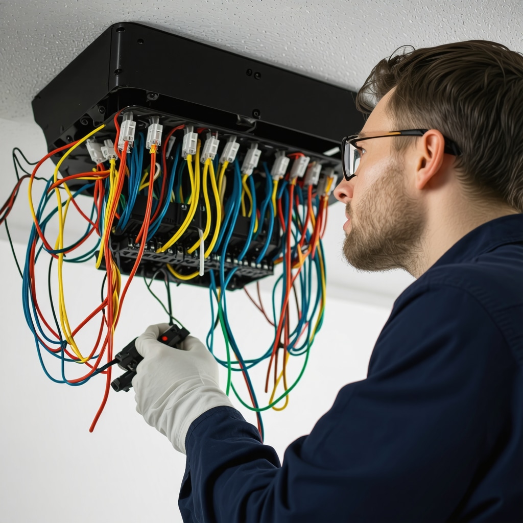 Electrician performing advanced electrical testing on chandelier wires in modern home ceiling