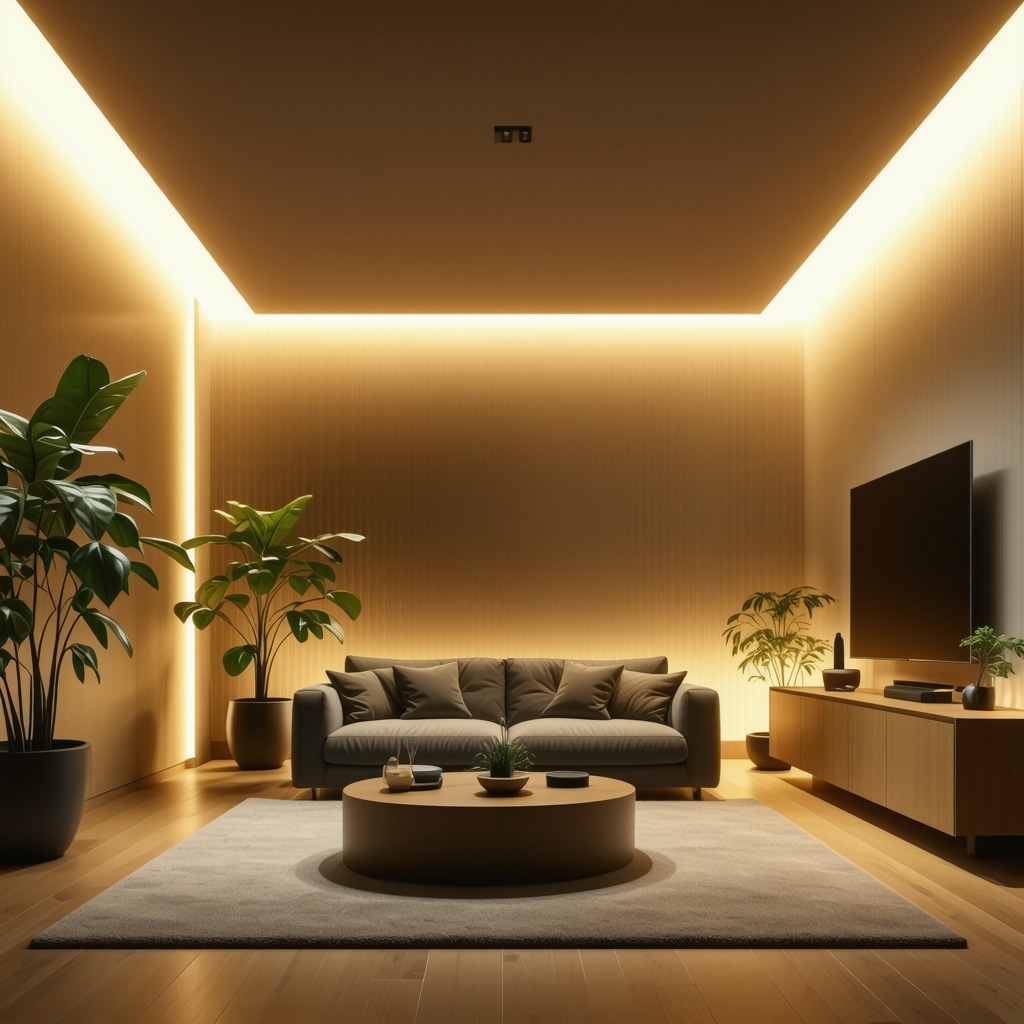 Interior of a modern smart home showing tunable white LED lighting shifting colors from warm orange to cool blue