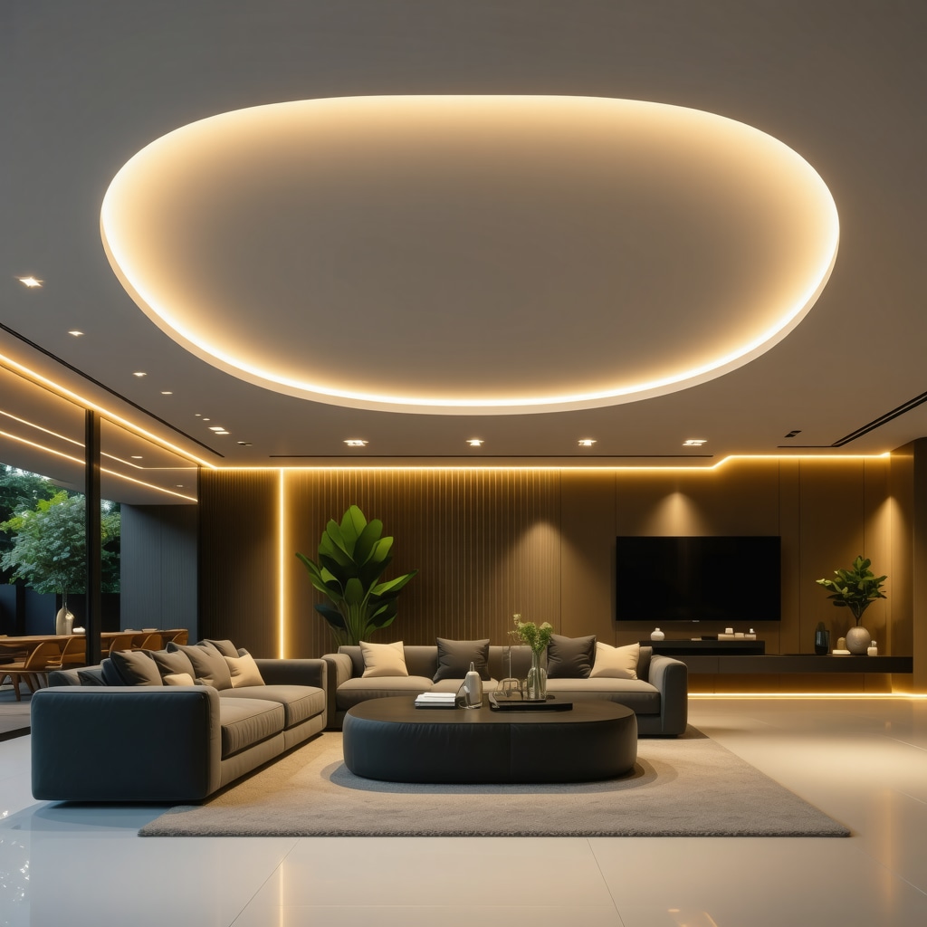 Modern living room featuring advanced smart ceiling lighting with layered LED panels and ambient light controls