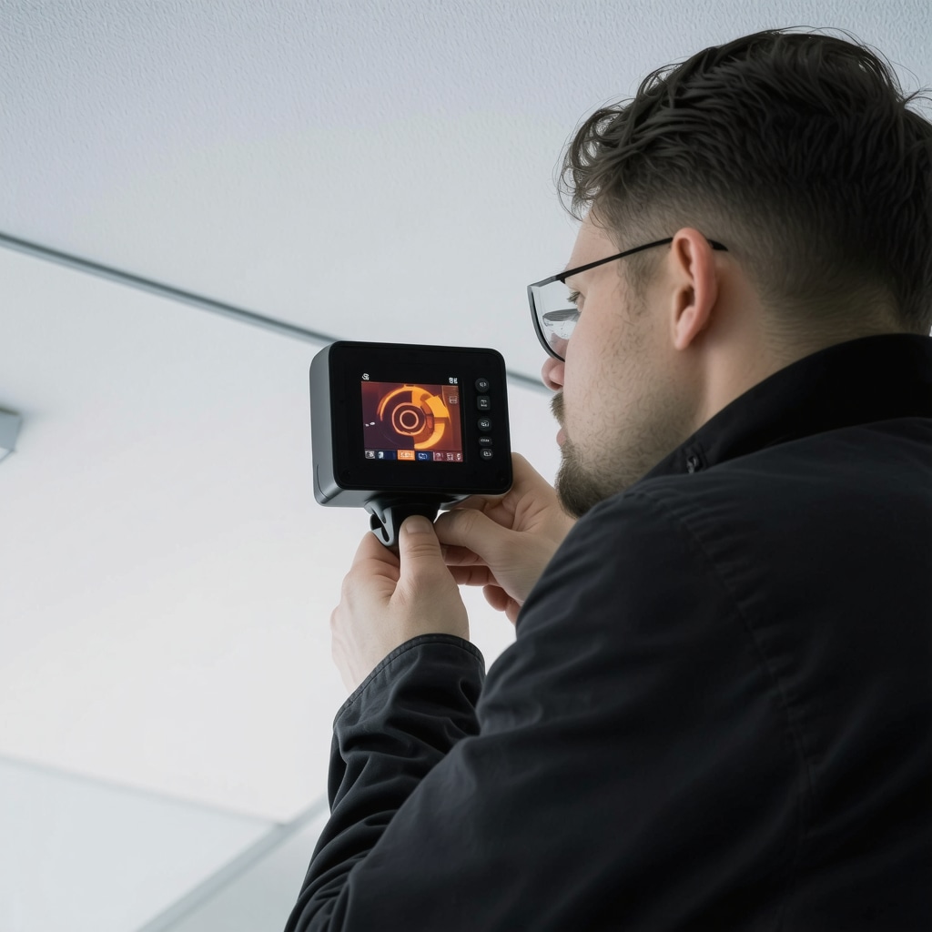 Technician using thermal imaging camera to check heat dissipation on recessed LED lights