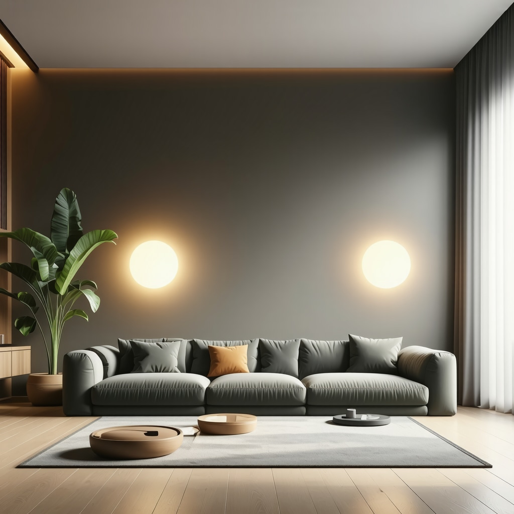Advanced smart lighting system with AI interface adjusting lumens and kelvin in modern home