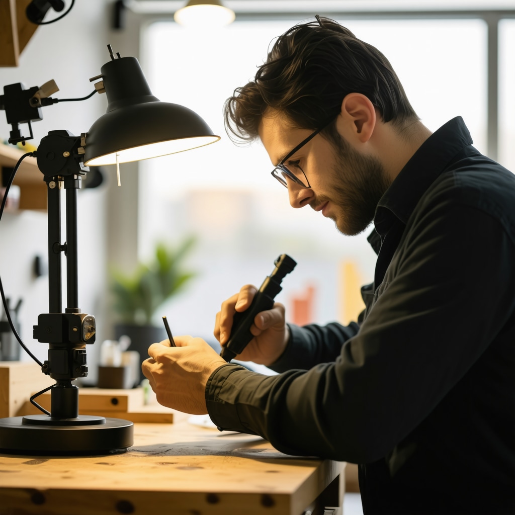 DIY enthusiast repairing a modern table lamp using oscilloscope and thermal camera in workshop