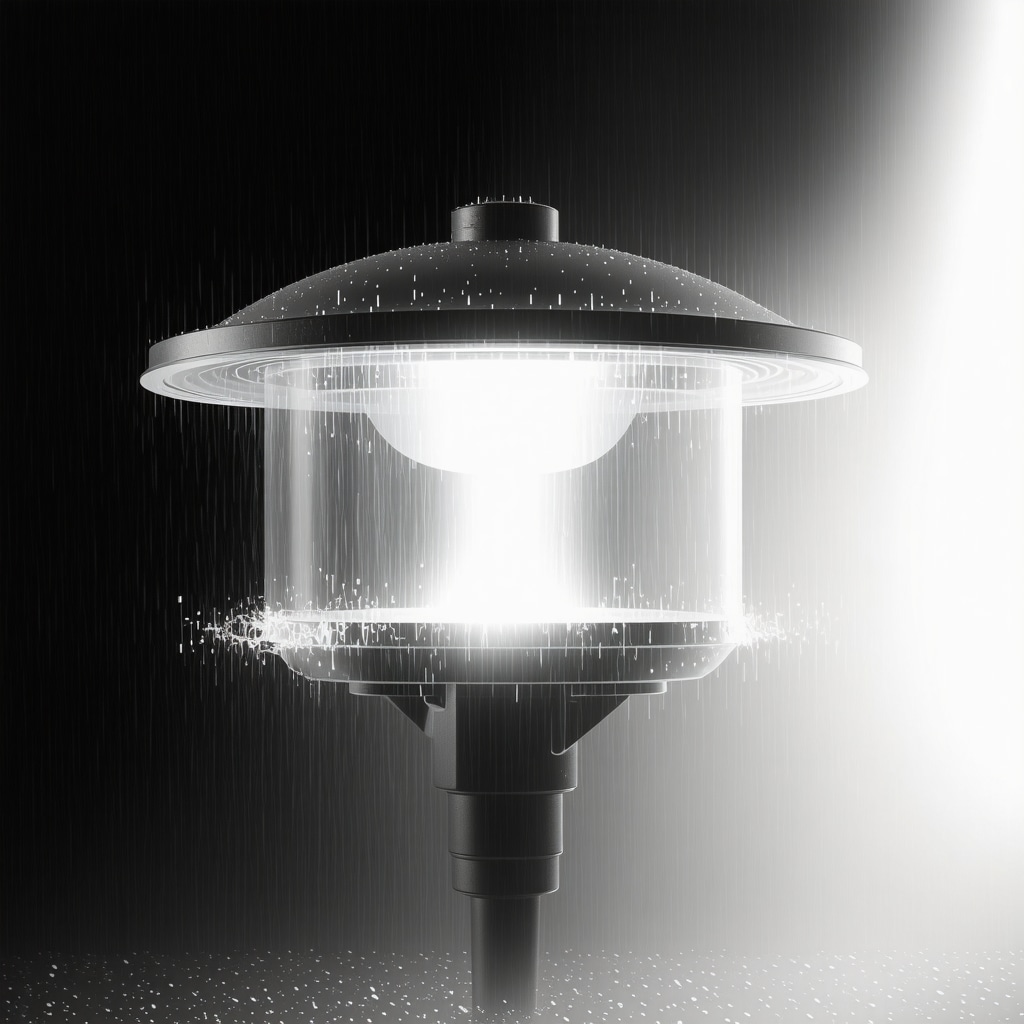 Diagram showing layers of sealing and waterproof materials in an outdoor light fixture designed for high IP protection