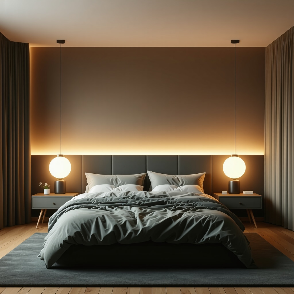 Bedroom illuminated with dynamic smart lighting transitioning from warm to cool tones to optimize sleep