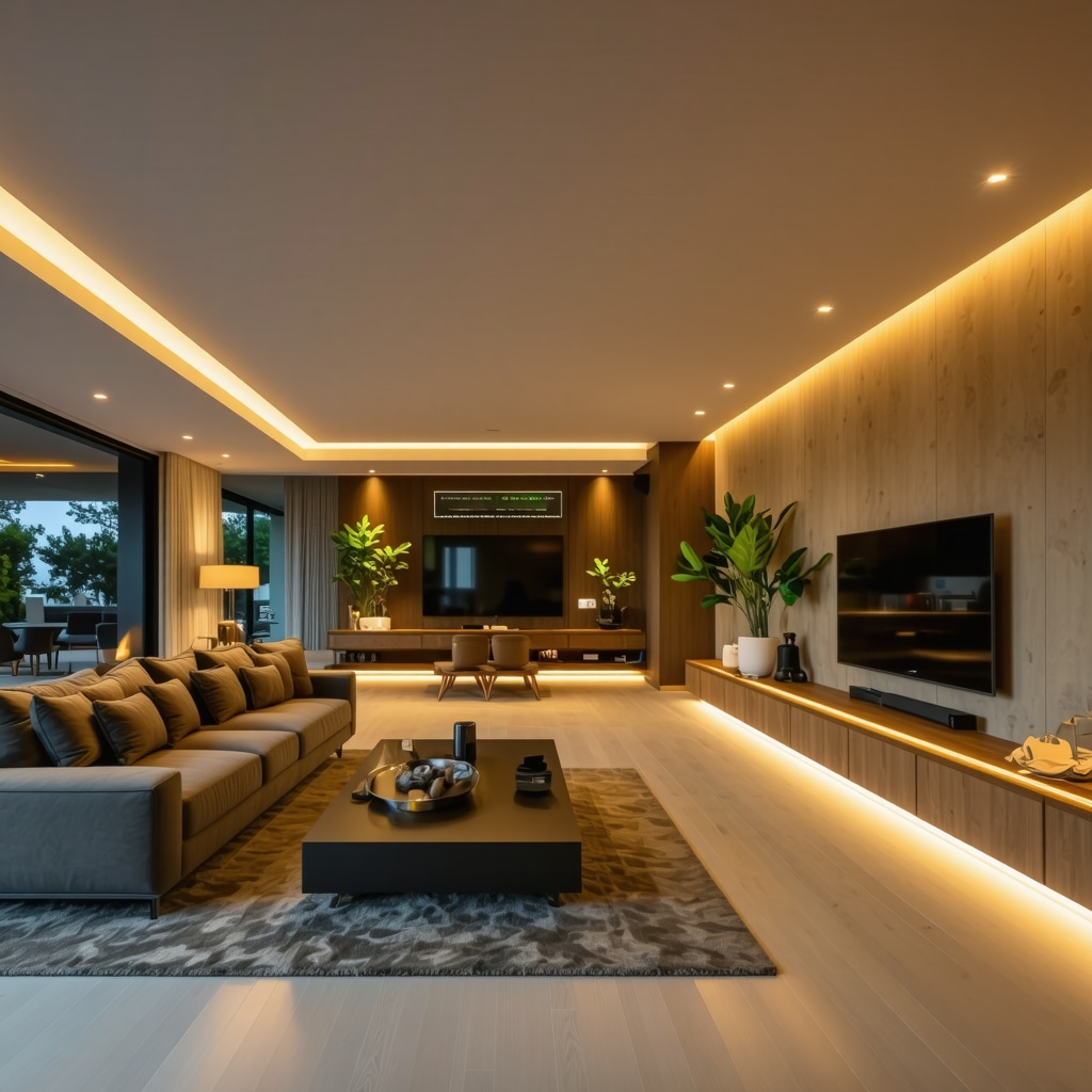 Modern living room with advanced dynamic smart lighting installation