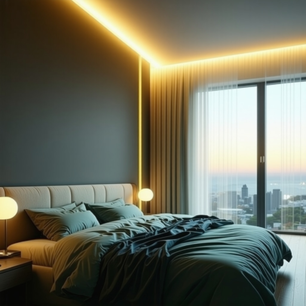 Bedroom with smart lighting system showing warm to cool color temperature transition enhancing sleep quality