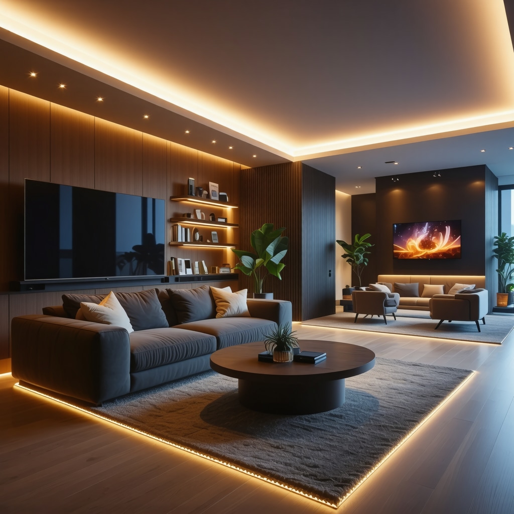 Modern living room featuring layered and color-controlled LED strip lighting integrated with smart home systems