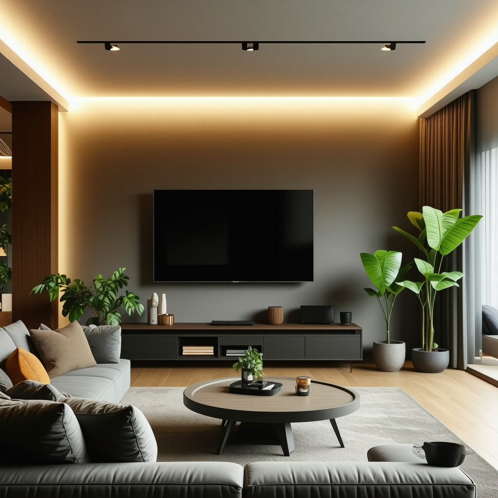 LED lighting setup with smart dimmable transformer and home automation controls in a living room