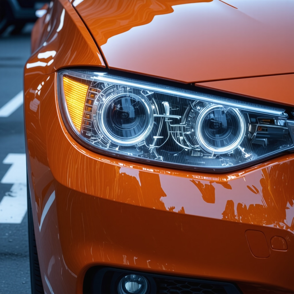 Close-up of modern car LED headlight with smart lighting system diagnostics overlay