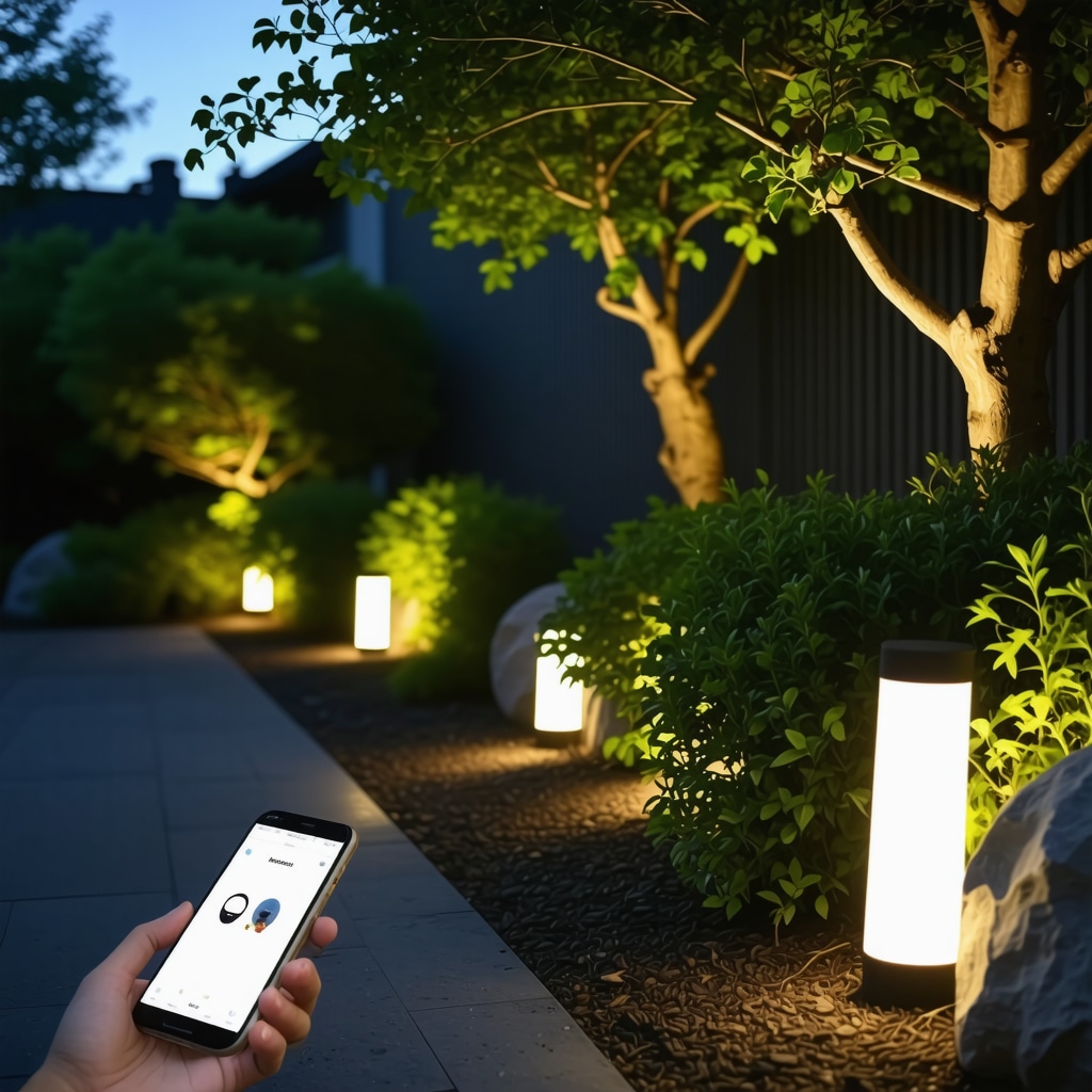 Modern garden illuminated by IP65-rated outdoor LED lights with smartphone smart lighting controls