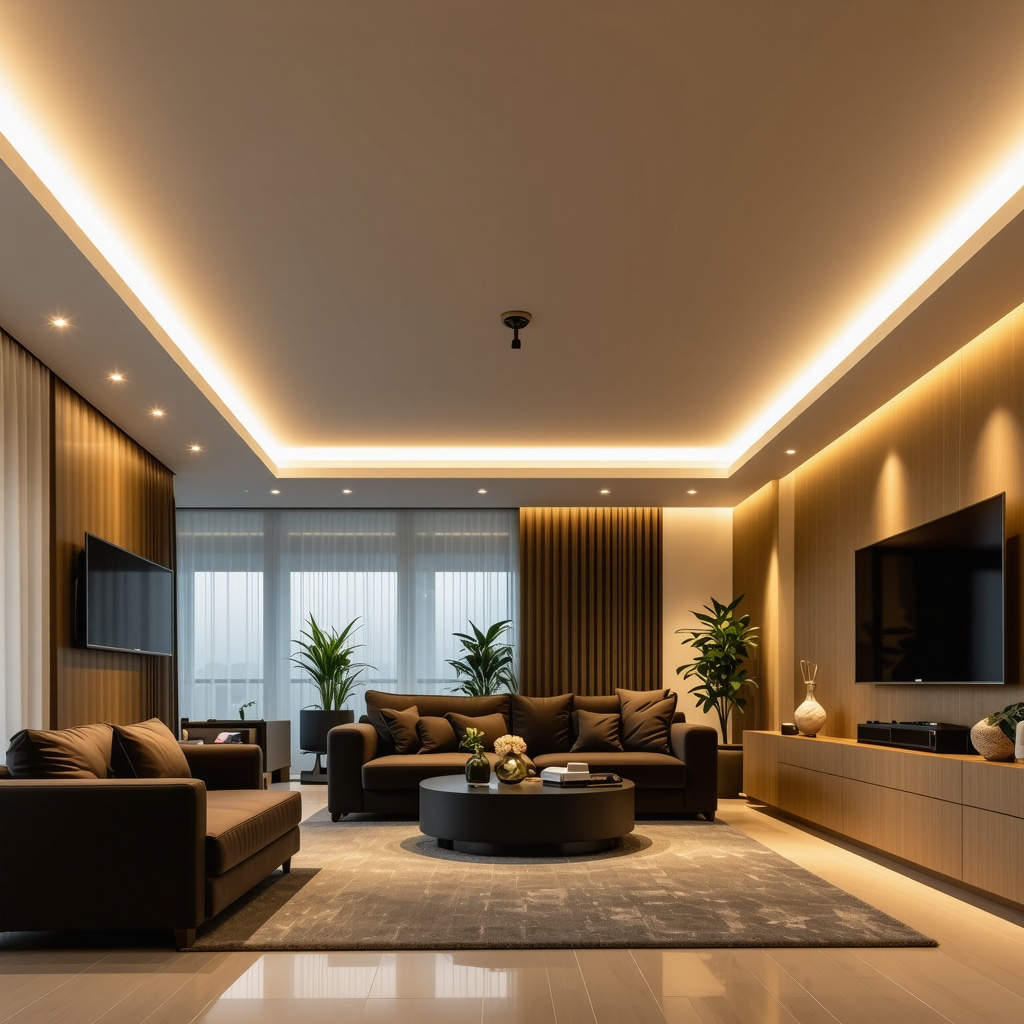 Stylish modern recessed LED lights creating warm ambient lighting in a living room ceiling