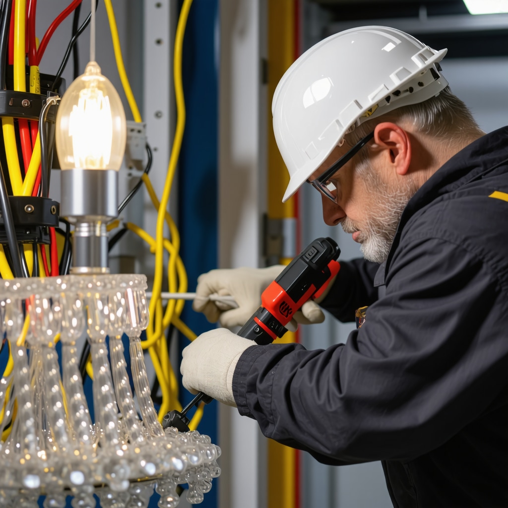 Close-up of electrician connecting chandelier wiring using quality klemne and smart lighting modules