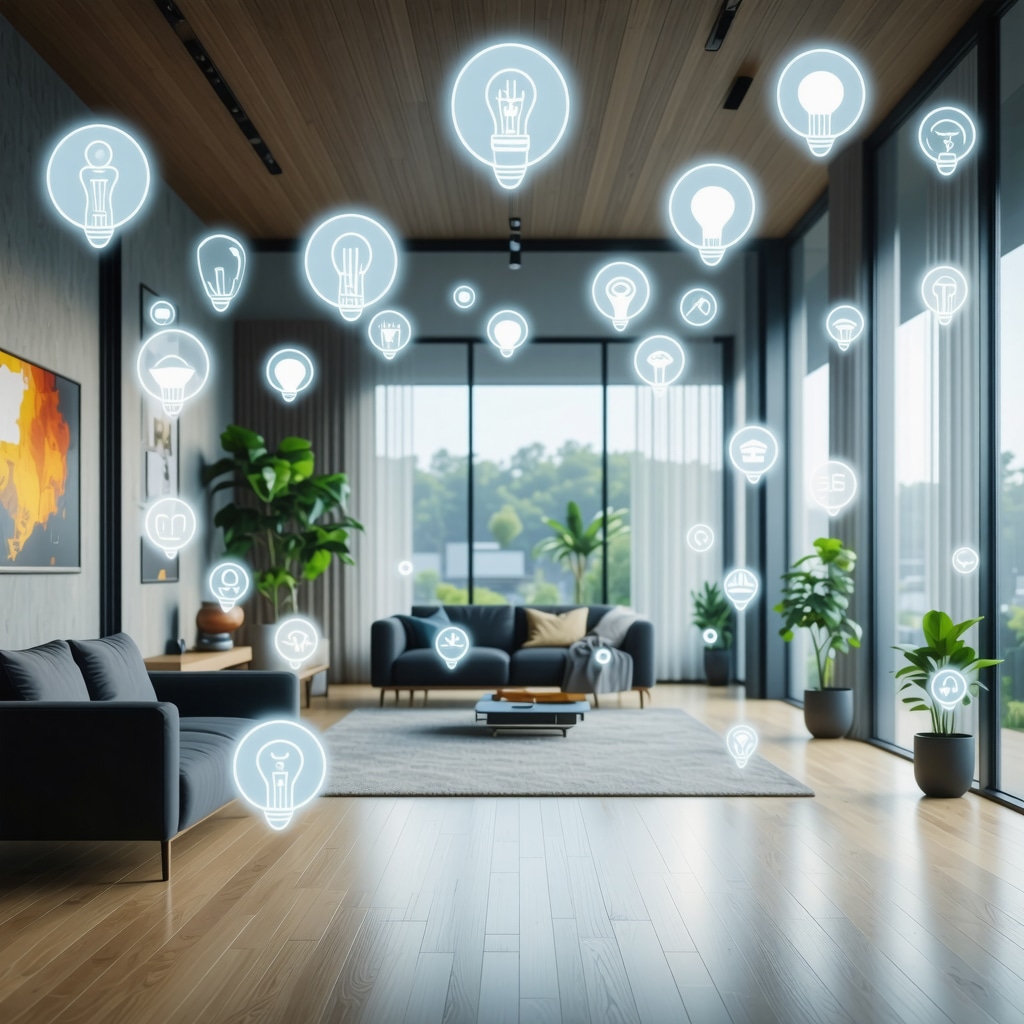 Smart home interior with integrated smart light bulbs and security icons