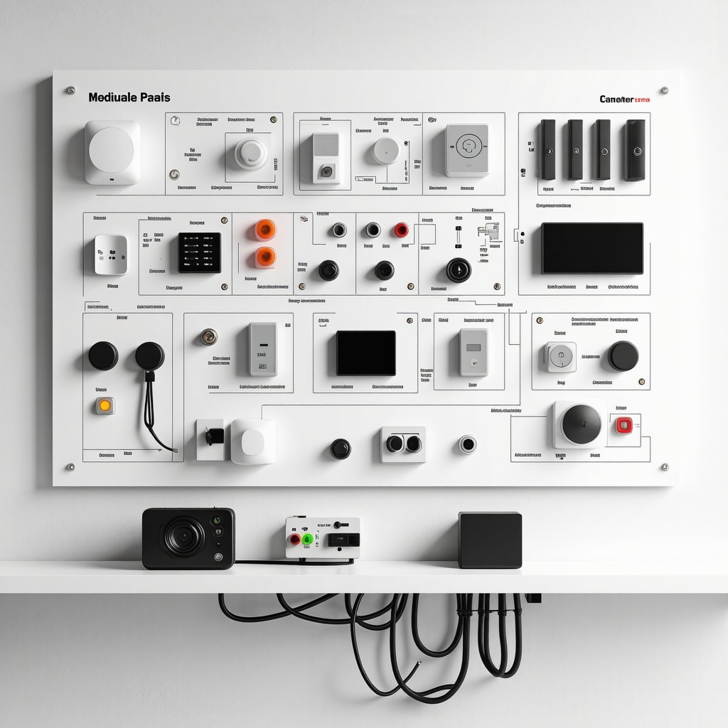 Illustration of smart lighting control panel with sensors and modular wiring in a modern home