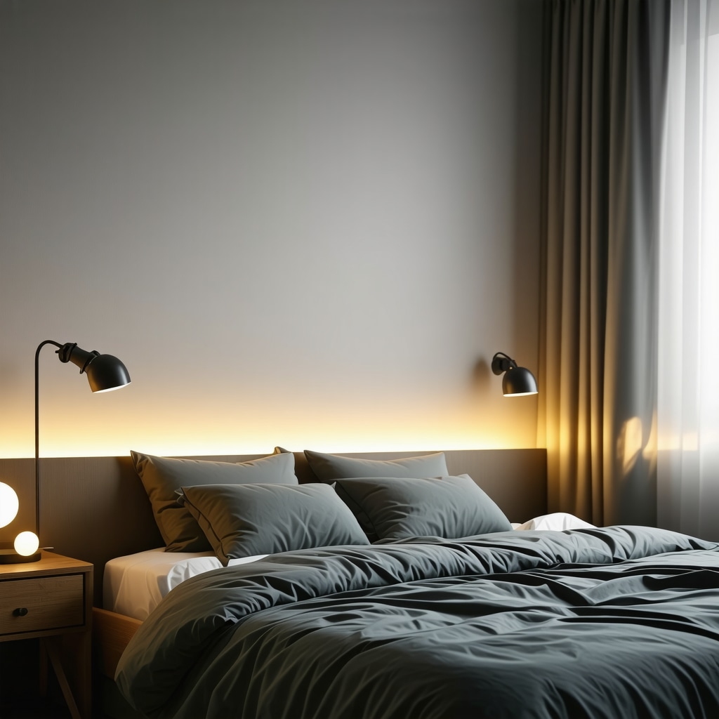 Modern bedroom with smart lighting shifting colors to support circadian rhythm and improve sleep quality