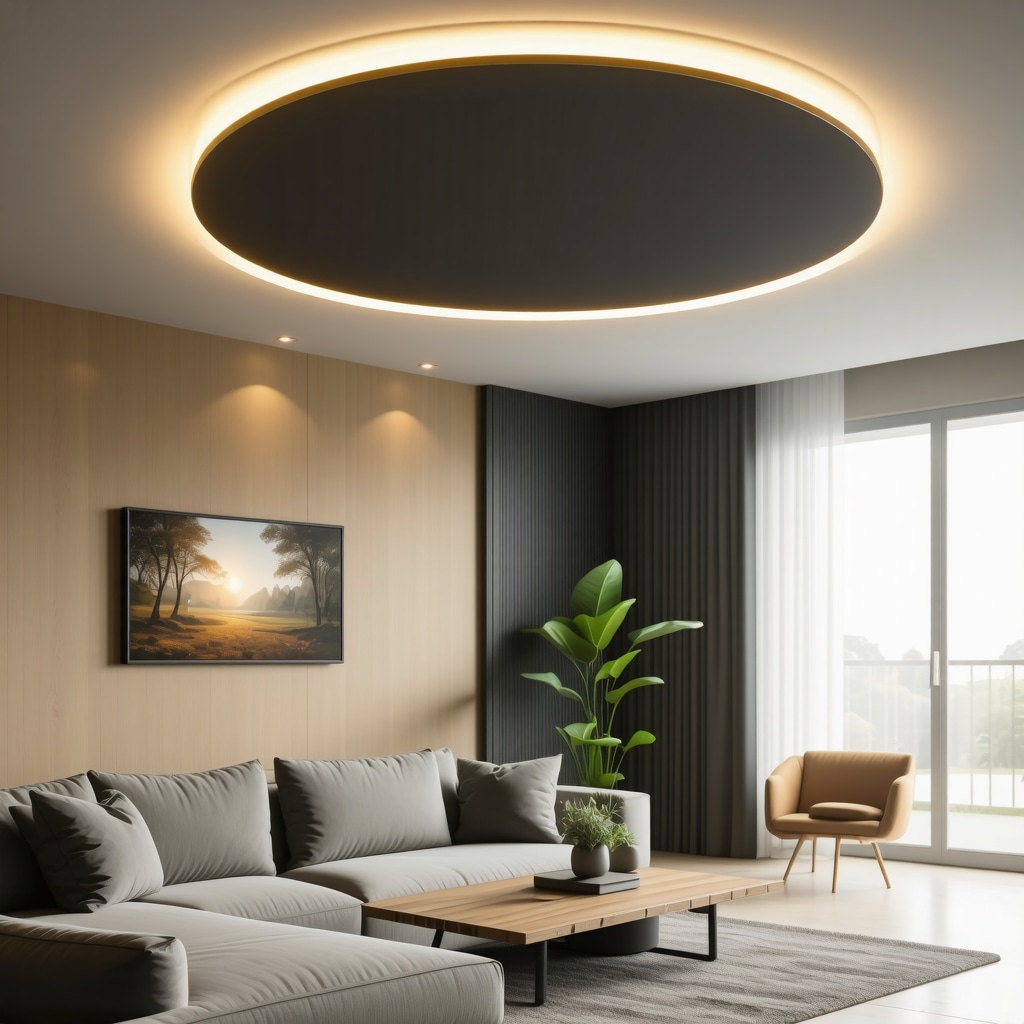 Modern living room featuring smart ceiling lighting with adjustable colors and dimmer controls