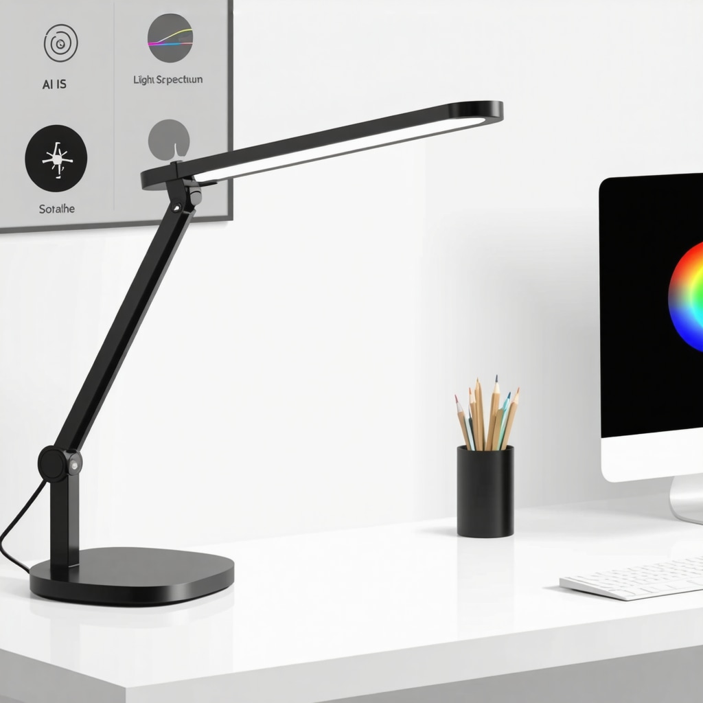 Modern smart desk lamp with adjustable arms and color-changing LEDs showing AI and light spectrum control features