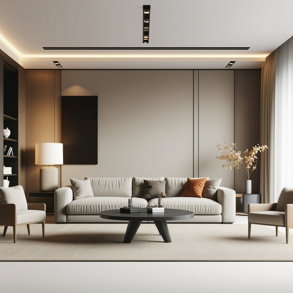Modern smart home interior illuminated by E27 and E14 smart bulbs with warm and cool lighting