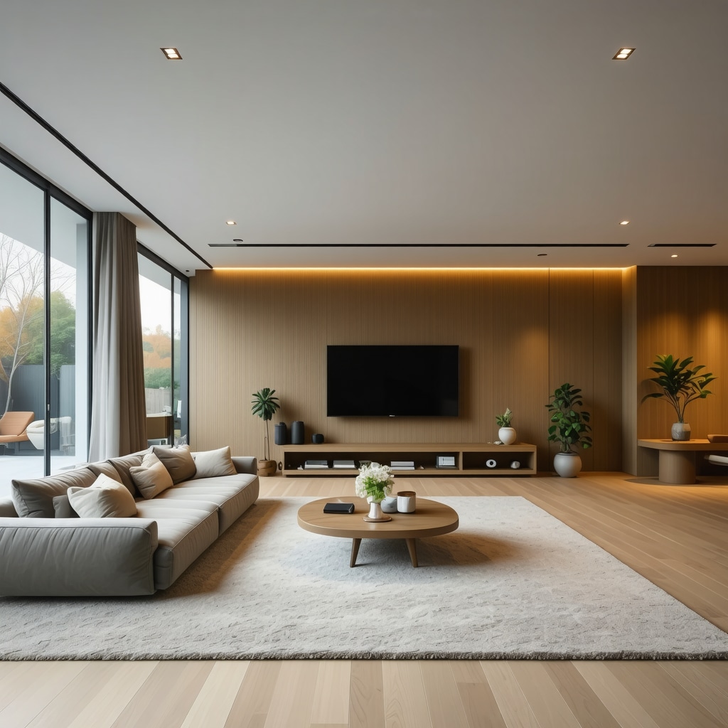 Modern home interior with smart lighting, LED bulbs, and dimmers highlighting color quality and safety