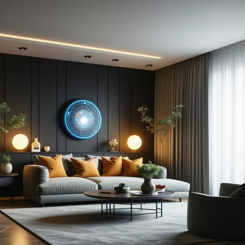 Interface of smart lighting system dynamically adjusting lumens and kelvins based on biometric data in a modern interior