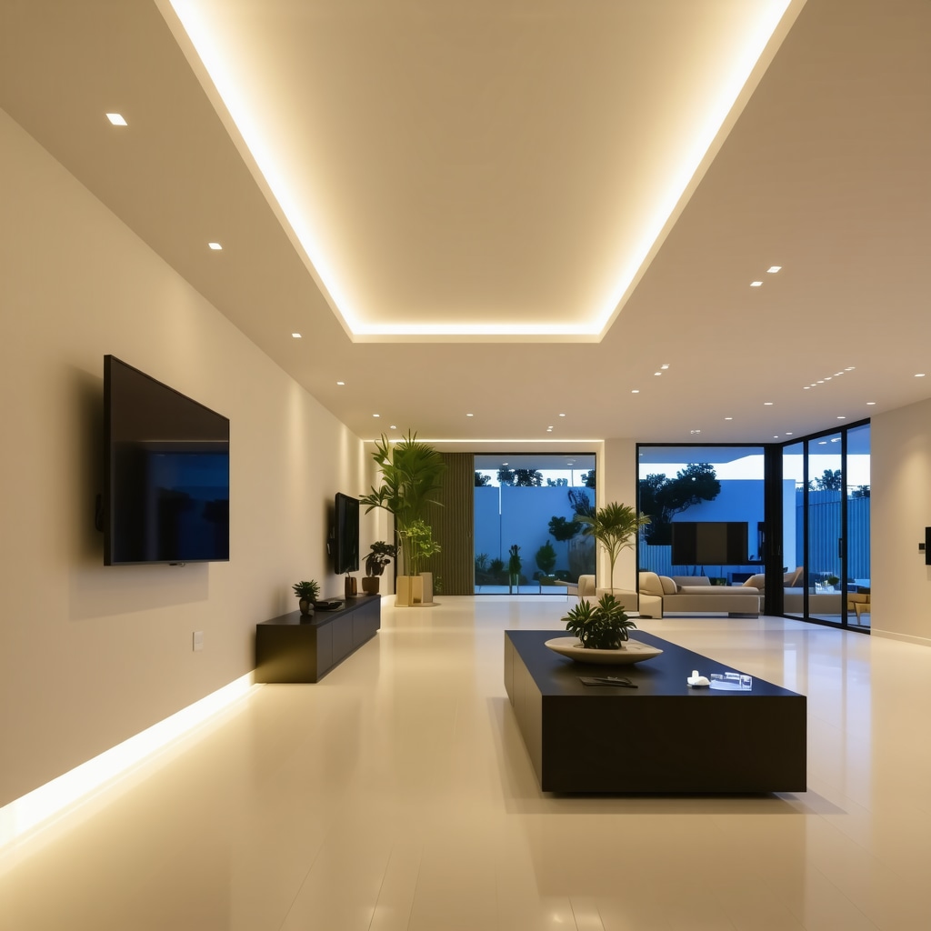 Modern home interior with advanced LED lighting and smart control panels