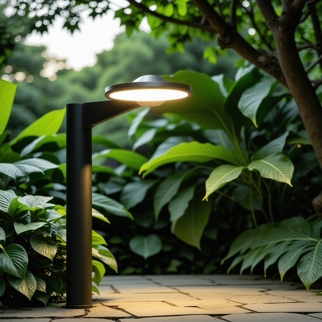 Modern outdoor lighting with IP66 rated fixtures, sensors, and remote control in garden