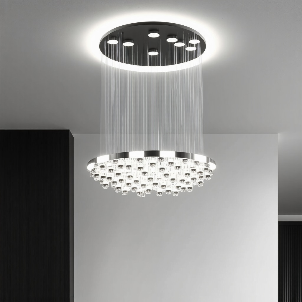 Close-up of smart chandelier wiring with shielded cables and EMI filters in a modern home