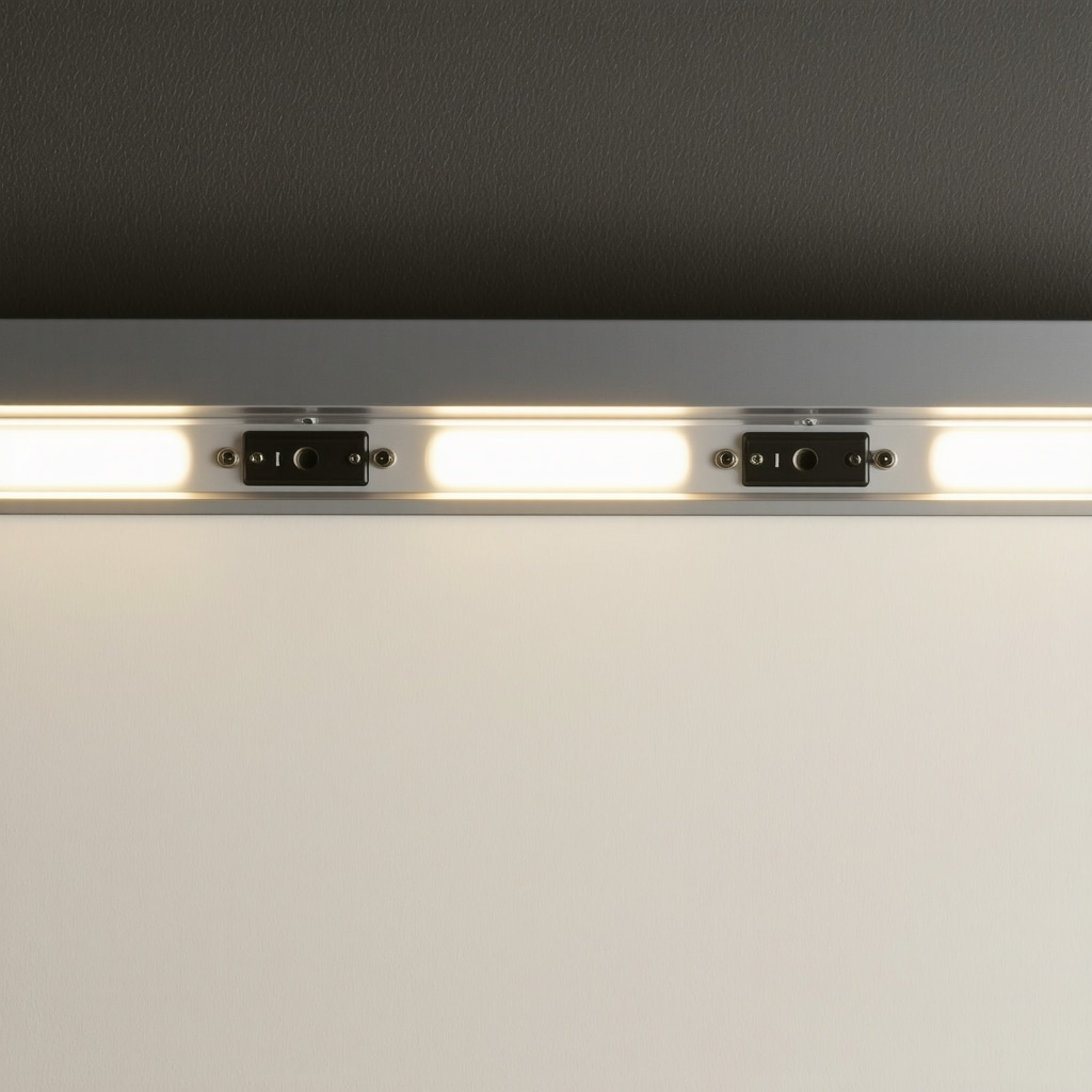 Detailed view of LED strip mounted inside aluminum profile with diffuser and electrical connections