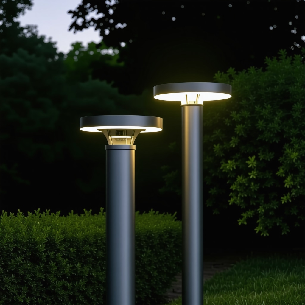 Smart outdoor lighting fixtures equipped with IoT sensors illuminating a garden area at dusk