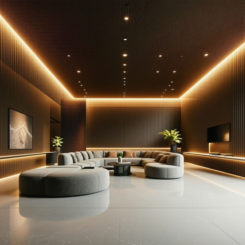 Interior room with layered LED lighting showing ambient and task lighting