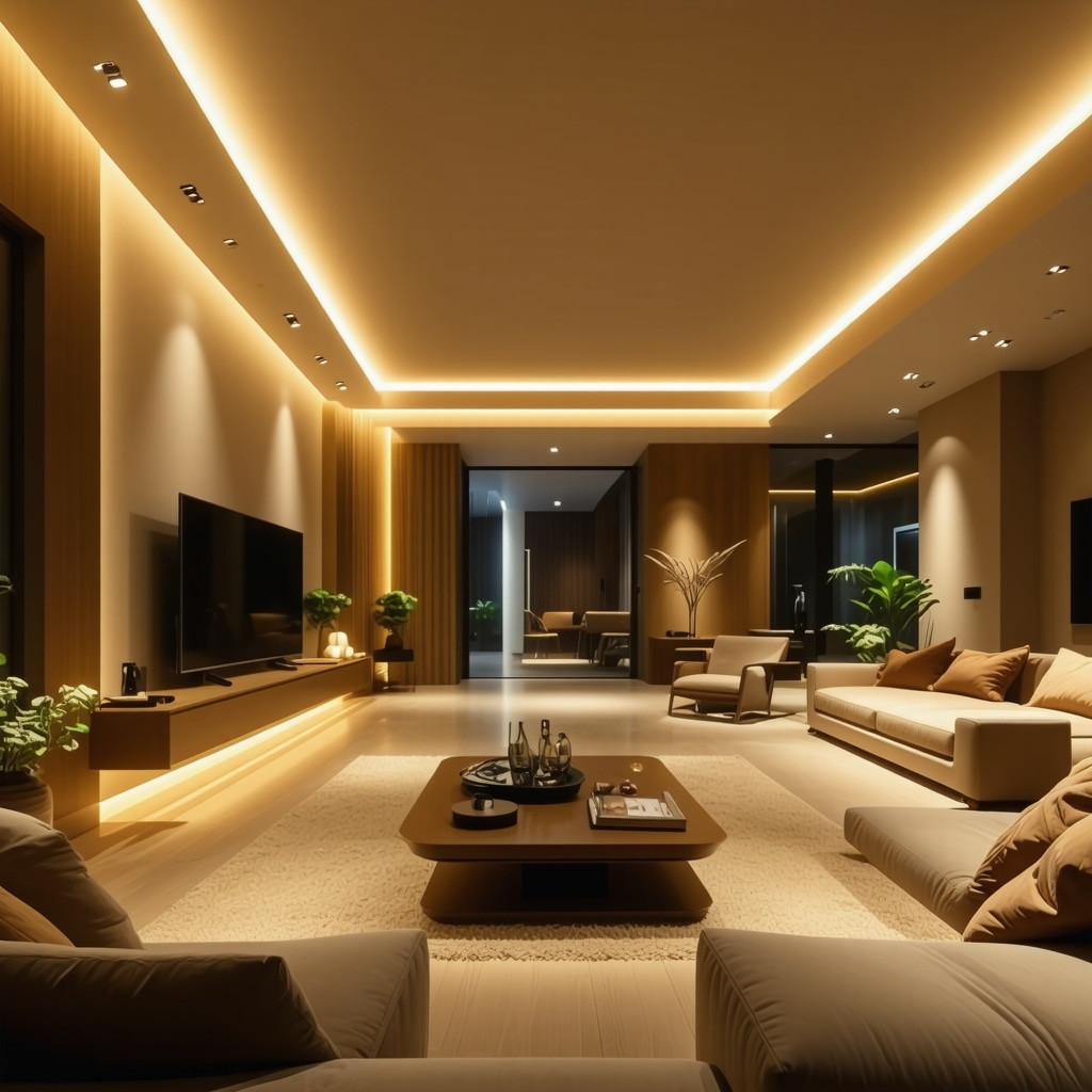 Modern living room with customized LED strip lighting creating a warm ambiance