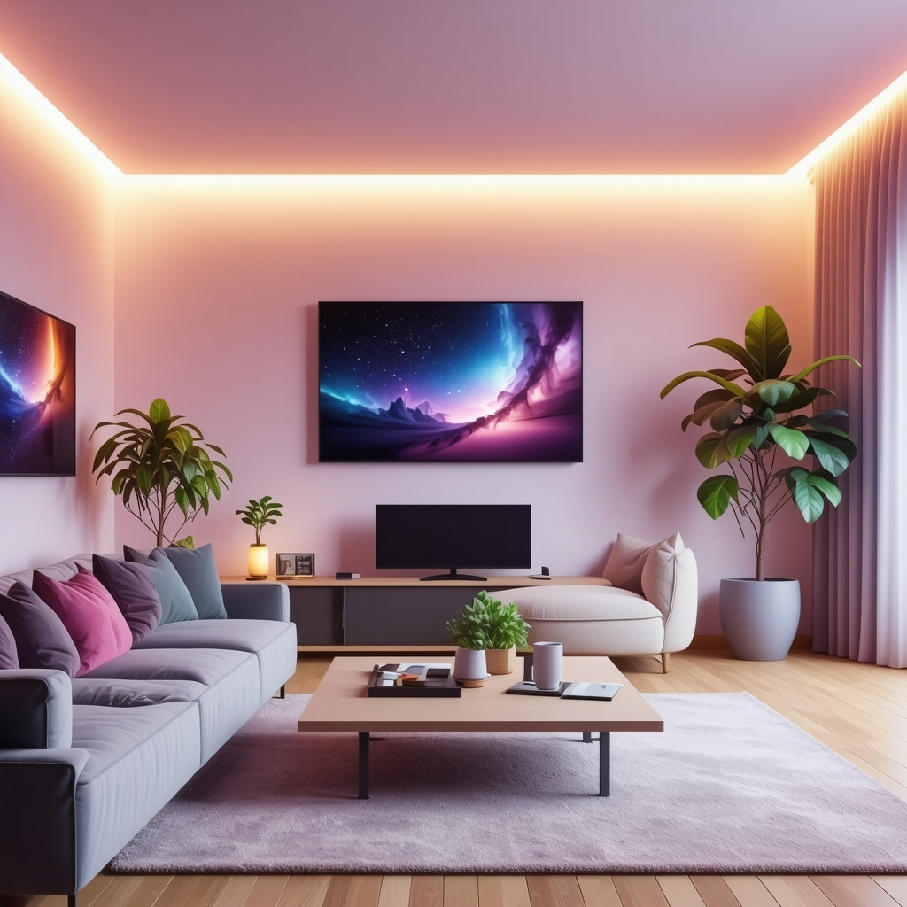 Smart lighting control app in a modern living room with adjustable color scenes