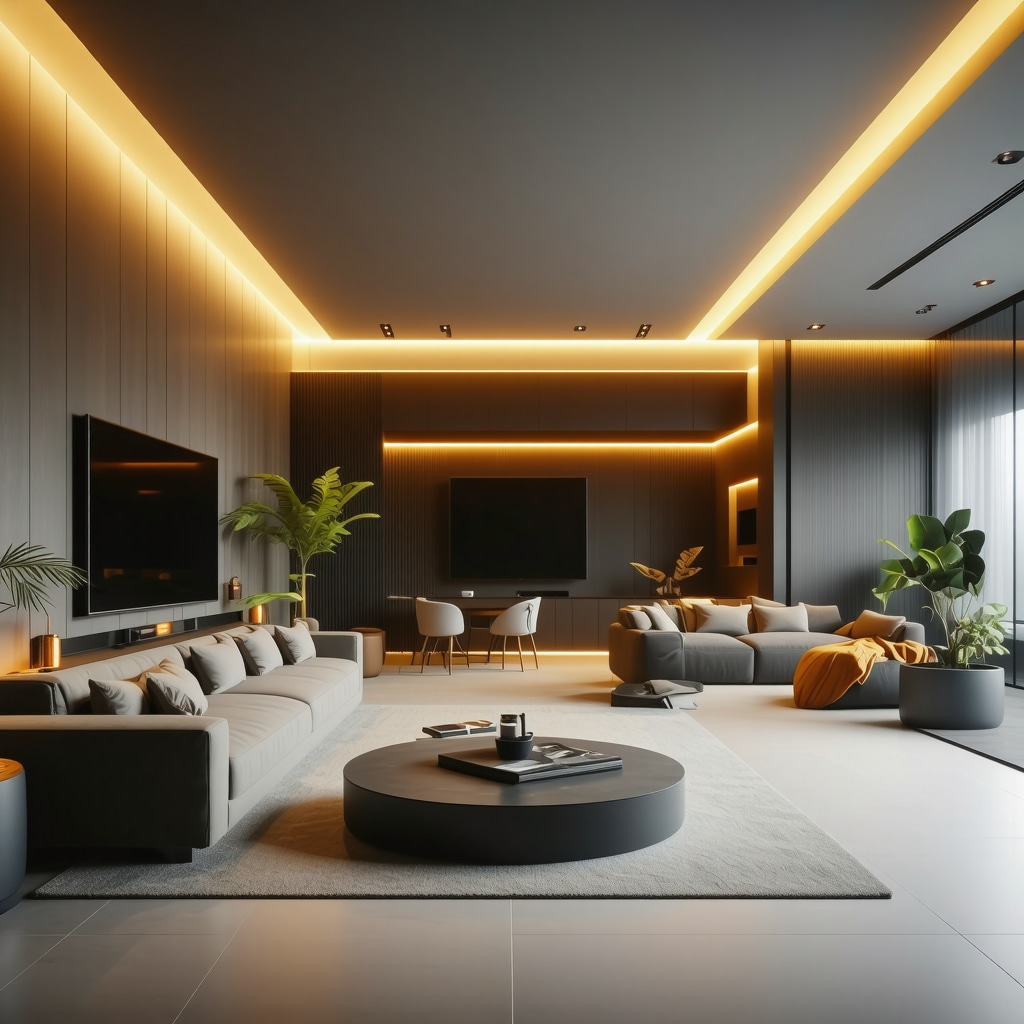 Modern smart home interior featuring LED lights with AI adaptive control and smartphone voice interface