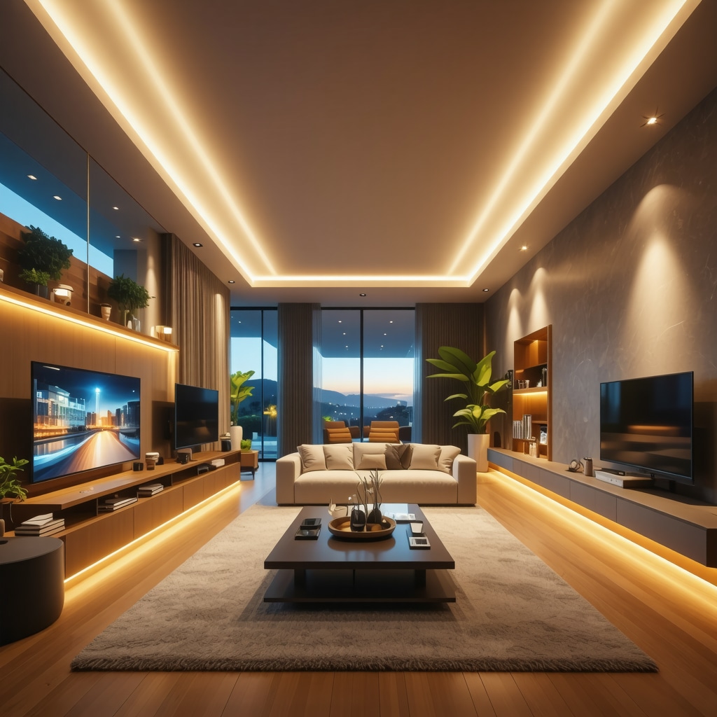 Interior of a modern home showcasing customizable LED lighting and automation controls