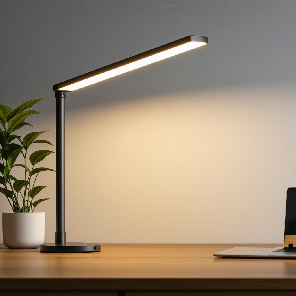 Smart desk lamp with color temperature control and AI interface on a modern office desk