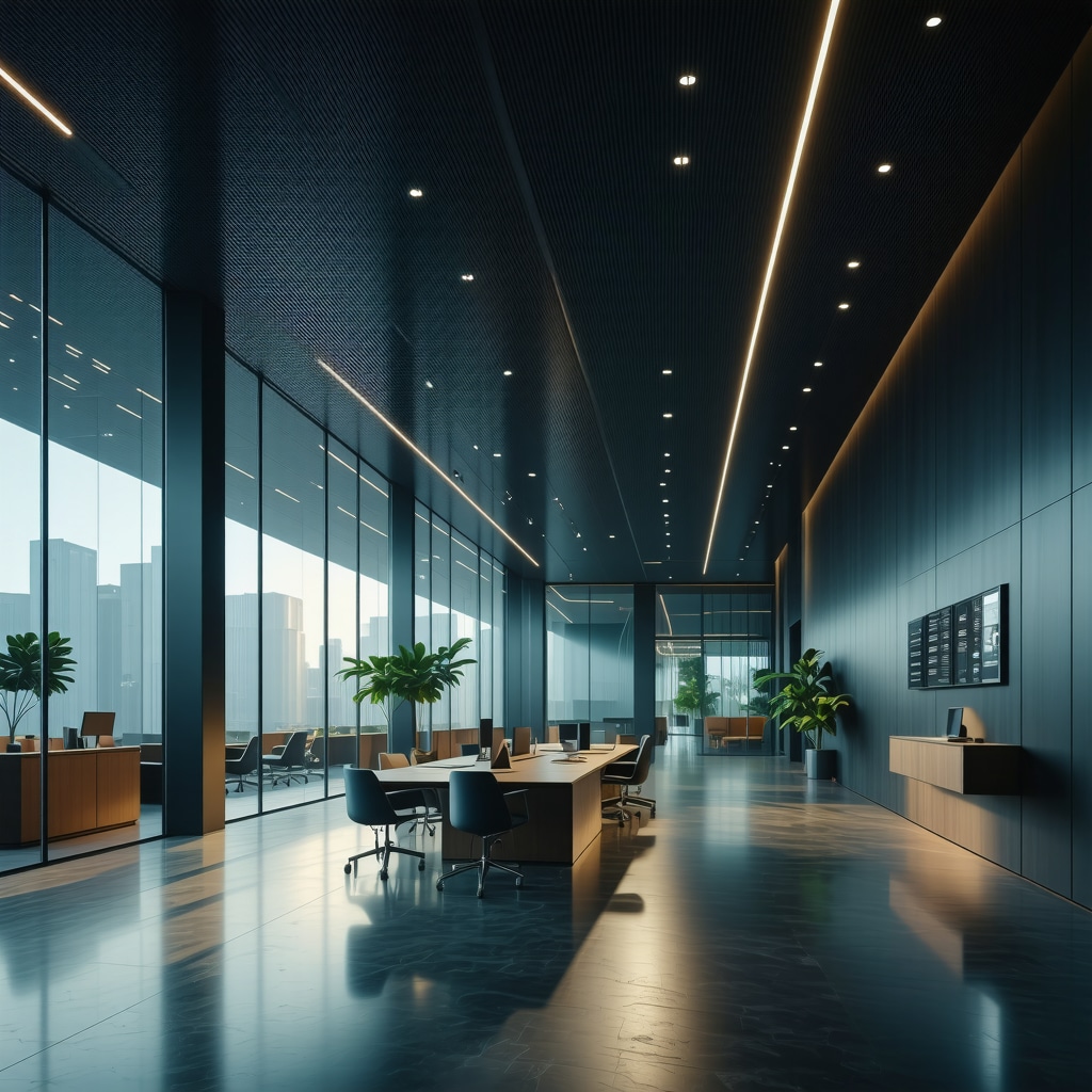 Modern office interior with adaptive DALI lighting controlled by AI systems