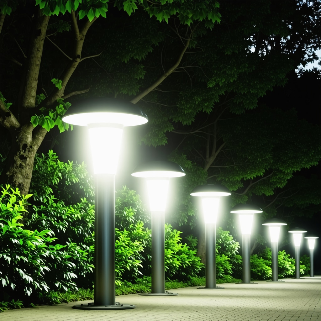 Illustration of modern outdoor lighting system integrated with IoT sensors and remote control.