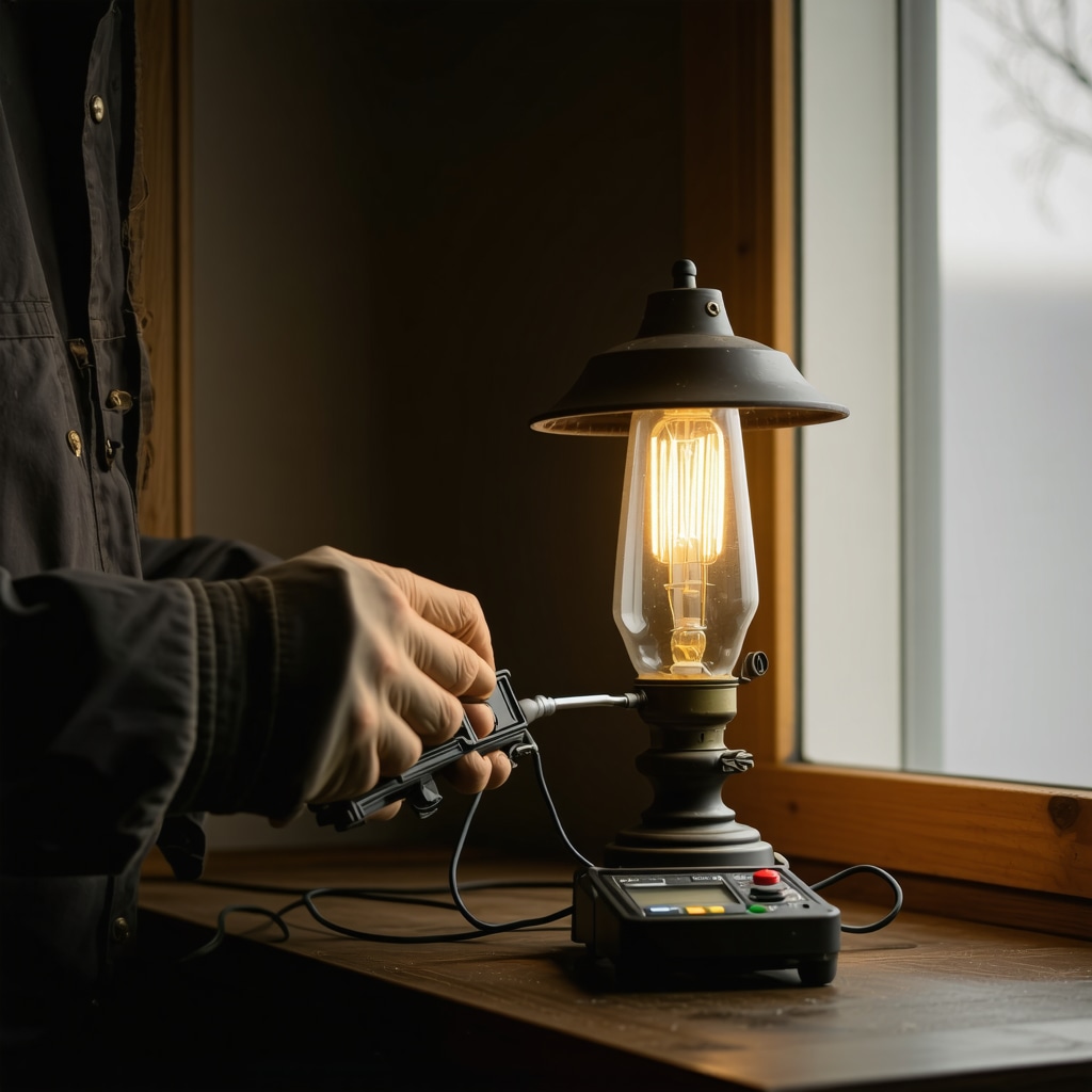 Person using digital multimeter to test wiring and contacts of a vintage lamp